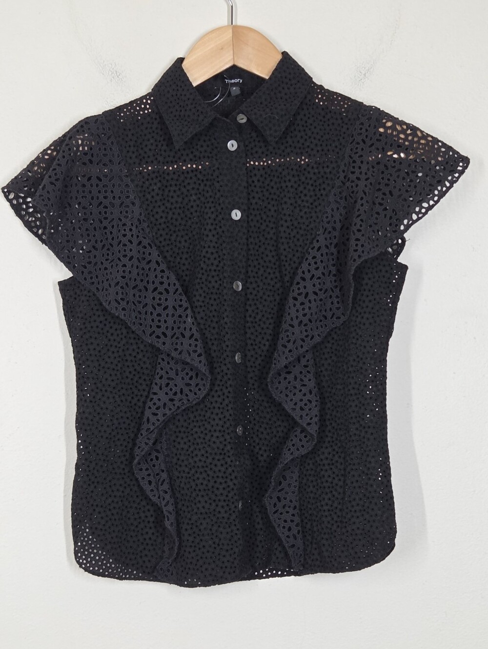 Theory Nova Black Eyelet Ruffle Button Up Top XS Cotton Collar Preppy Cap Sleeve
